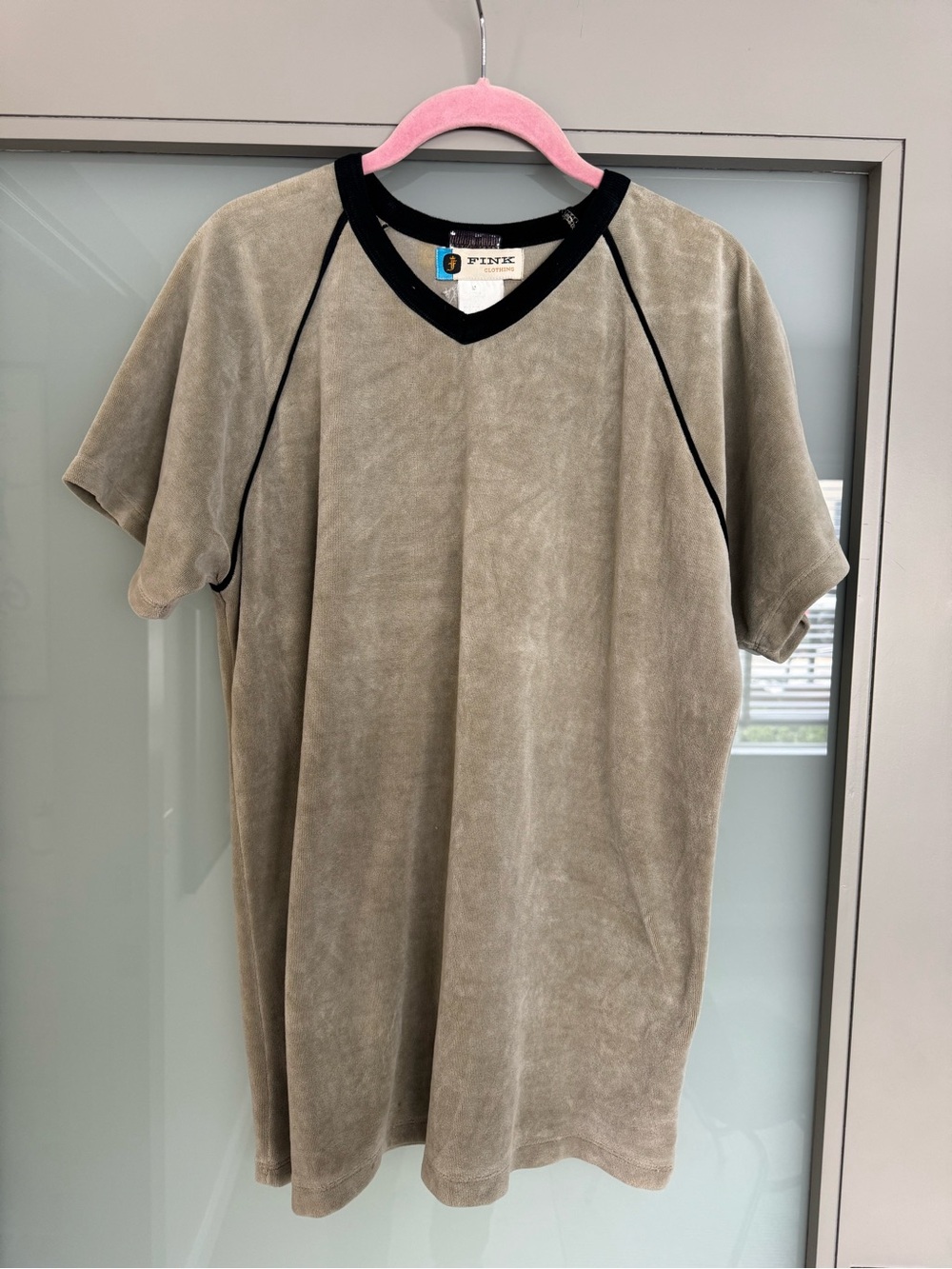Men's Vintage Fink Clothing Velour V-Neck T-Shirt in Gray with Black Trim